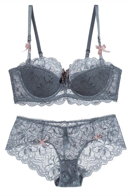 Final Clearance Free Shipping Grey Lace Lingerie Set