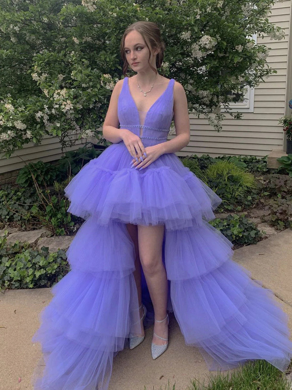 Instant Discount A-Line V-Neck Tulle Tiered High Low Prom Dress