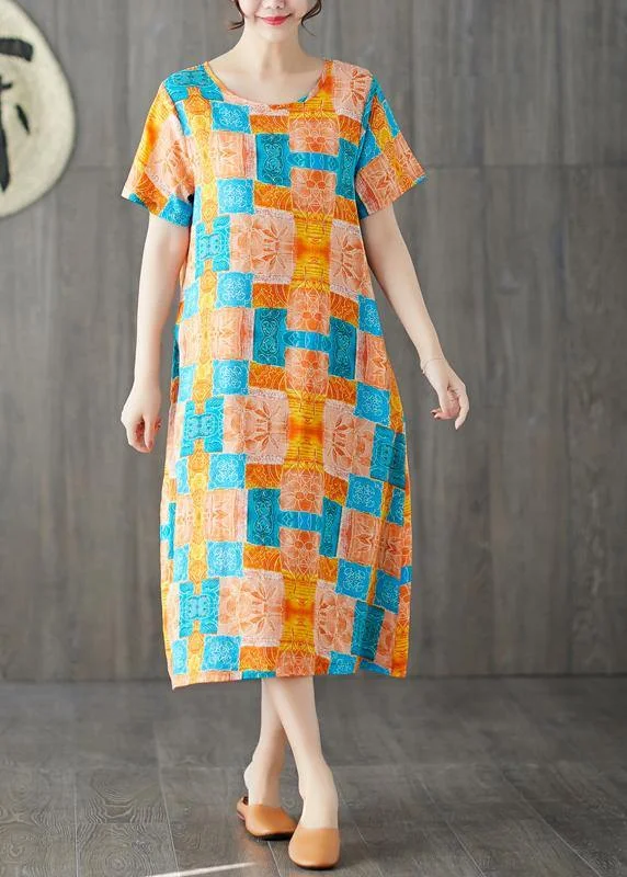 New Markdowns Chic orange red prints linen cotton dresses o neck Dresses summer Dresses New Markdowns Chic orange red prints linen cotton dresses o neck Dresses summer Dresses