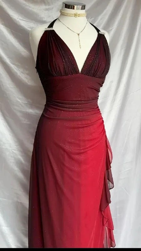 Best Bargains Wine Red Halter V Neck Ruffles Sheath Vintage Long Prom Dress Evening Gown, DP4524 Best Bargains Wine Red Halter V Neck Ruffles Sheath Vintage Long Prom Dress Evening Gown, DP4524