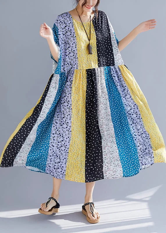 Great Bargains Elegant multicolor cotton dresses plus size Sewing o neck patchwork Kaftan Summer Dresses