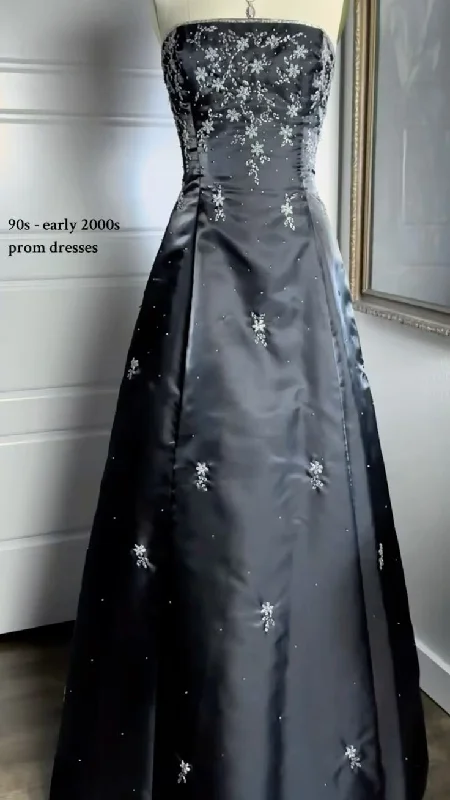 Online Only Black Strapless A-Line Beading 90s Vintage Long Prom Dress Evening Gown, DP4471