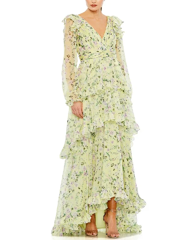 Extra Discounts Mac Duggal Floral Chiffon Tiered Ruffle Puff Sleeve Gown