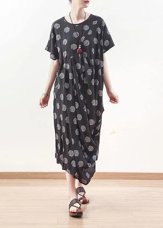 Seasonal Clearance French black prints linen dress Casual Sewing draping long summer Dresses