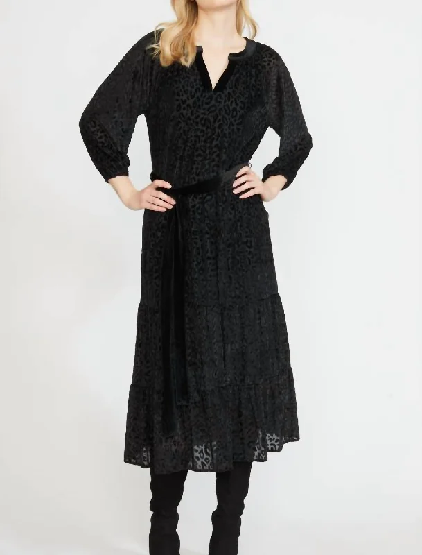 Super Sale Spit Neck Tiered Midi Dress In Black