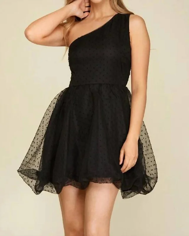 Daily Deals One Shoulder Polka Dot Organza Mini Dress In Black