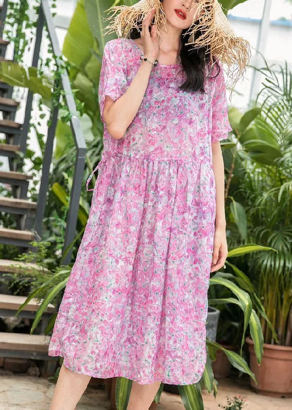 Online Only Fashion Women o neck patchwork linen pink print Dresses summer