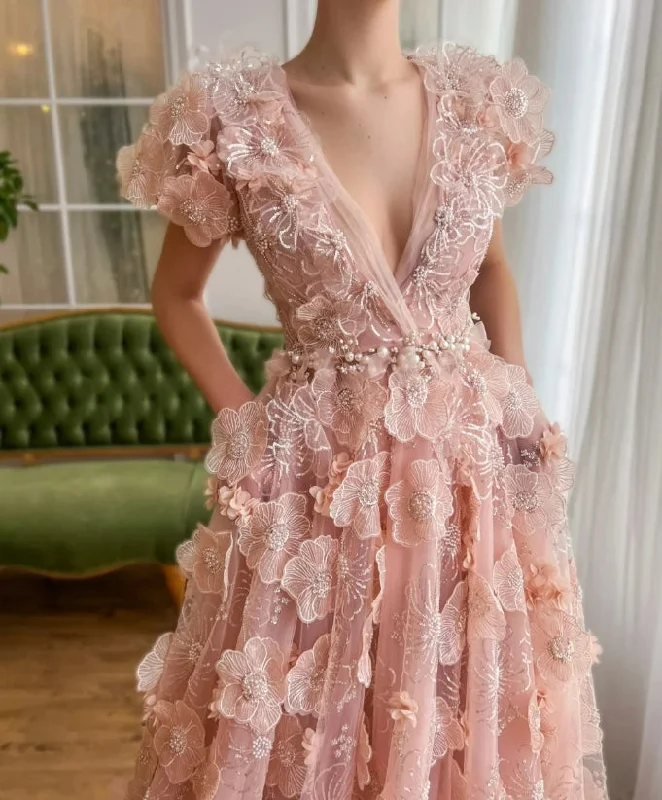 Epic Deals Rose Pink Lace 3D Flowers V Neck Prom Dress Pearls Evening Dresses Cocktail A-line Formal Events Customized Women Party Gown