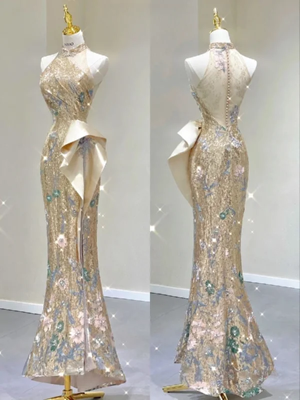 Major Savings Champagne Halter Mermaid Sequins Long Party Dress Evening Gown, DP4506 Major Savings Champagne Halter Mermaid Sequins Long Party Dress Evening Gown, DP4506