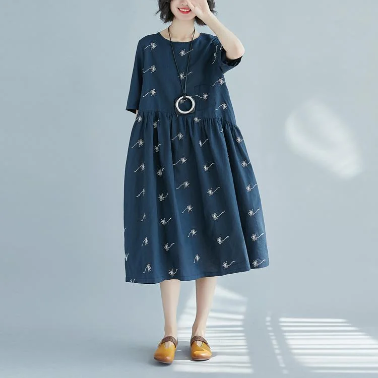 Buy More, Save More Fine blue print pure cotton linen dress oversized New half sleeve large hem O neck baggy dresses Buy More, Save More Fine blue print pure cotton linen dress oversized New half sleeve large hem O neck baggy dresses