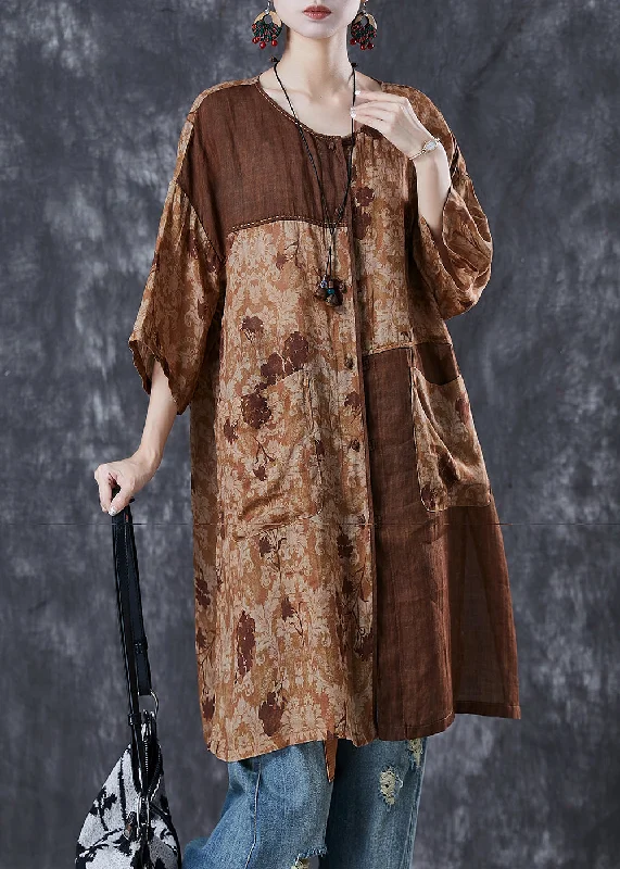 Amazing Deals Chic Khaki Oversized Patchwork Linen Dresses Summer