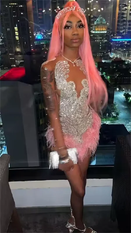 Super Sale Sexy Sparkly Diamonds Short Prom Dress For Black Girls Glitter Crystals Beading Feathers Birthday Cocktail Party Customized