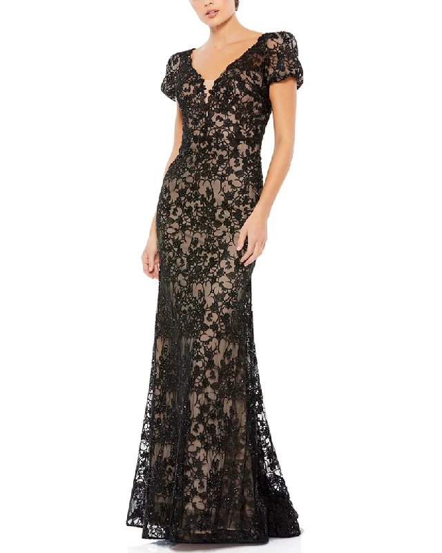 Bonus Savings Mac Duggal Lace Plunge Neck Short Puff Sleeve Trumpet Gown