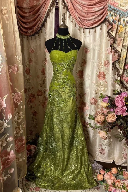 Stock Clearance Vintage Halter Sheath Satin Lace Appliques Long Evening Party Dress, DP4467 Stock Clearance Vintage Halter Sheath Satin Lace Appliques Long Evening Party Dress, DP4467