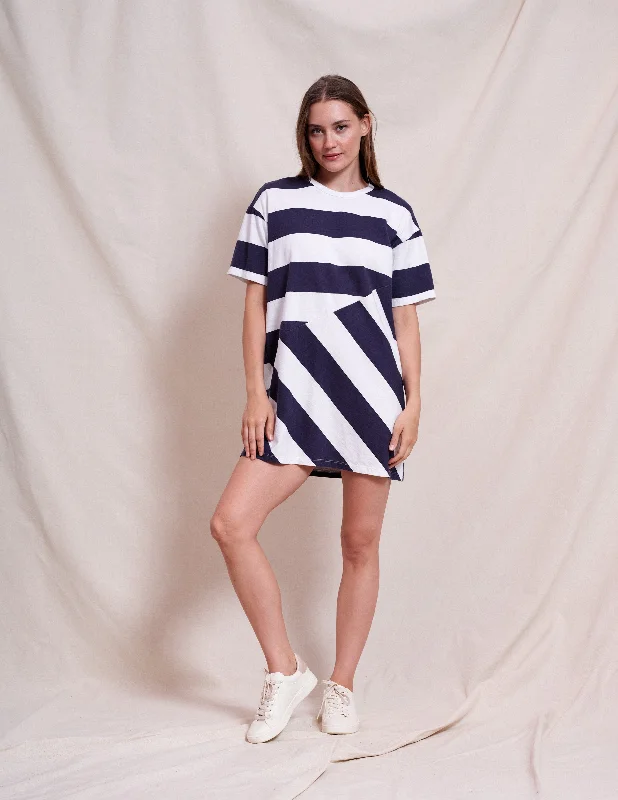 YEAR-End Sale Sundry Bias Stripe Mix T-Shirt Dress in Optic White