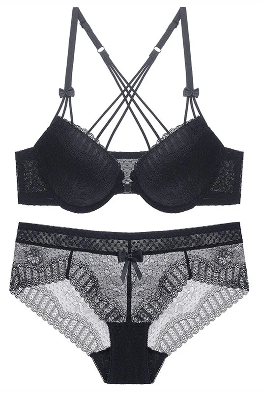 Instant Discount Criss Back Black Lace Lingerie Set