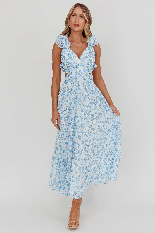 Daily Specials Madara Lace-Up Back Maxi Dress Flowers Blue