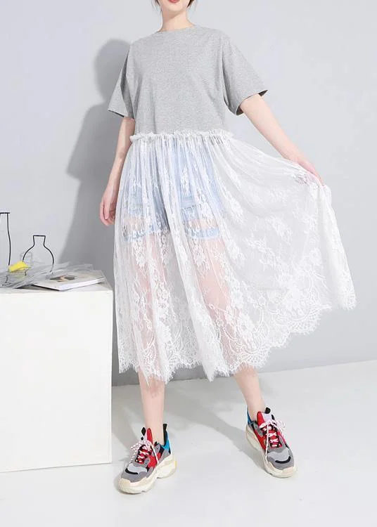 Markdowns 100% gray cotton clothes For Women o neck Maxi patchwork sundress