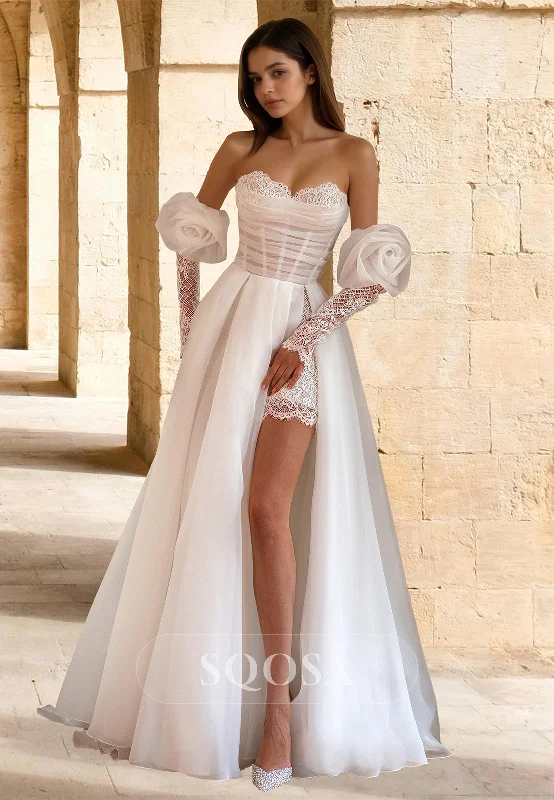 Value Deals Sweetheart Lace Long-Sleeves Bride Gowns Off-Shoulder Pleated Tulle A-Line Wedding Dress with High Slit Value Deals Sweetheart Lace Long-Sleeves Bride Gowns Off-Shoulder Pleated Tulle A-Line Wedding Dress with High Slit