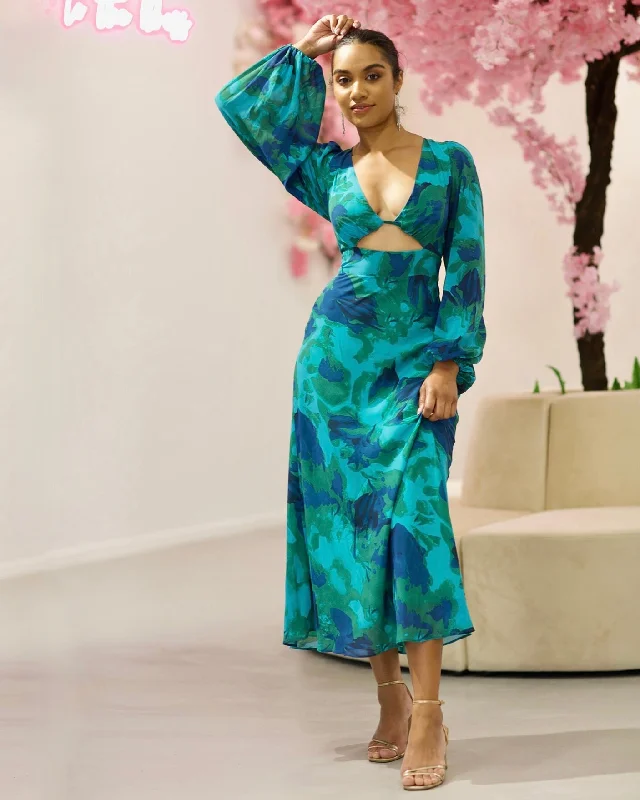 Inventory Reduction Kora Chiffon Midi Dress - Green/Blue Print