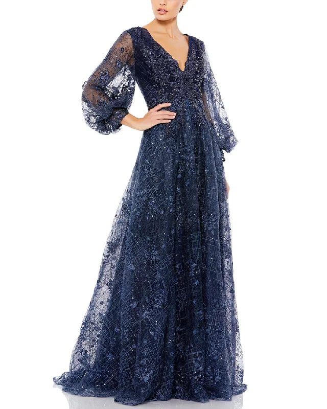 Super Sale Mac Duggal Embellished Plunge Neck Puff Sleeve A-Line Gown