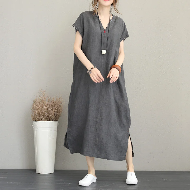 Clearance Sale Elegant gray cotton dress trendy plus size v neck caftans 2018 side open kaftans