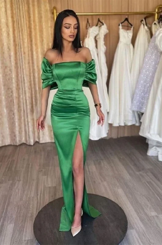 Low Prices Green Off Shoulder Mermaid Elegant Long Prom Dress with Slit, DP2051