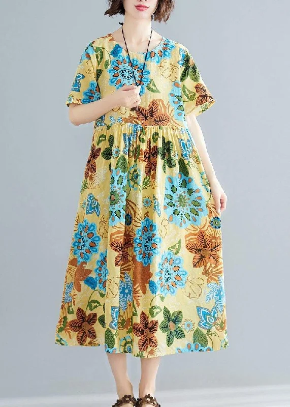 Clearance Sale DIY yellow print cotton Tunics o neck patchwork Plus Size summer Dress Clearance Sale DIY yellow print cotton Tunics o neck patchwork Plus Size summer Dress