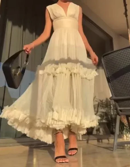 Can't Miss White V Neck A-Line Elegant Long Party Dress, DP2120
