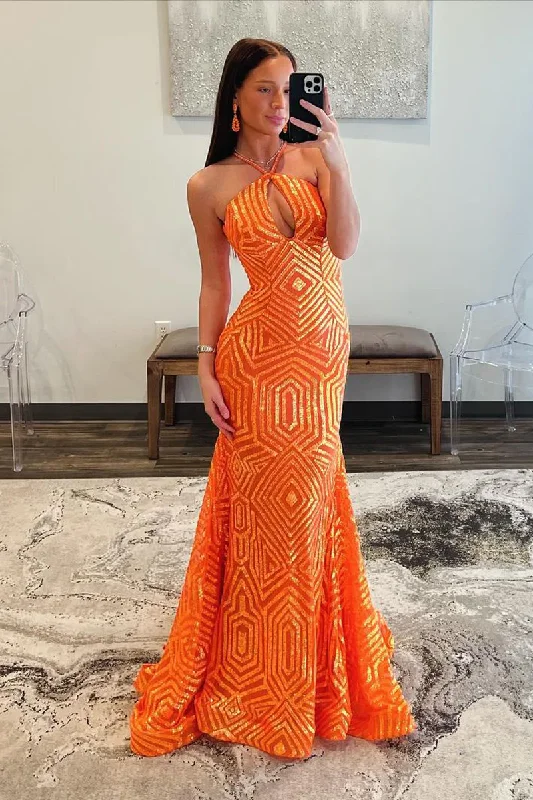 Blowout Deals Orange Halter Keyhole Sequins Mermaid Long Prom Dress, DP2140