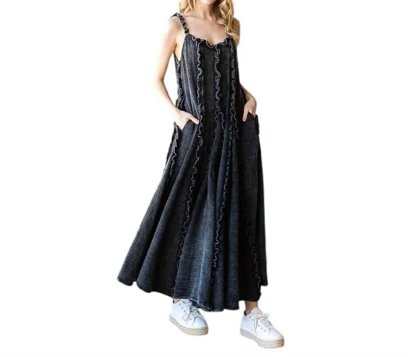 Bargain Bin Washed Ruffle Seam Detail Maxi Dress In Black