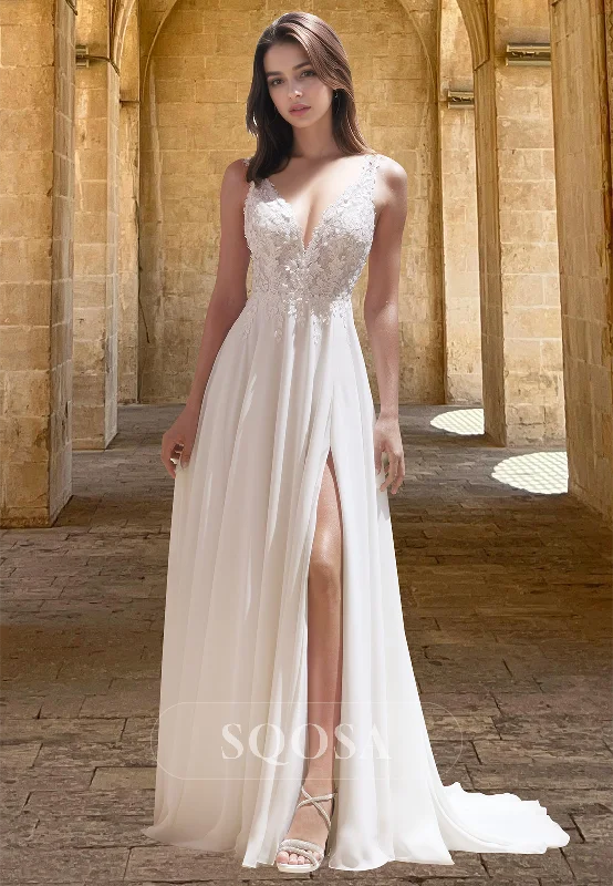 Weekend Deal Spaghetti Straps Deep V-Neck Sleeveless Beaded Bride Gowns Lace Applique Pleated A-Line Wedding Dress Weekend Deal Spaghetti Straps Deep V-Neck Sleeveless Beaded Bride Gowns Lace Applique Pleated A-Line Wedding Dress