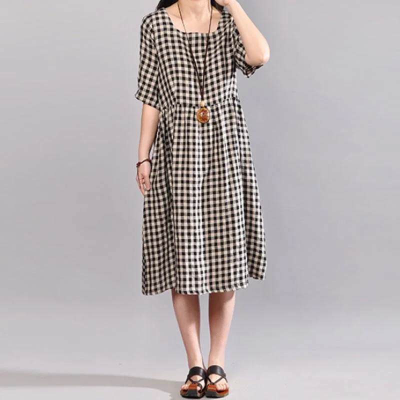 Can't Miss Elegant natural cotton dress oversize Round Neck Plaid Summer Short Sleeve Summer Dress Can't Miss Elegant natural cotton dress oversize Round Neck Plaid Summer Short Sleeve Summer Dress