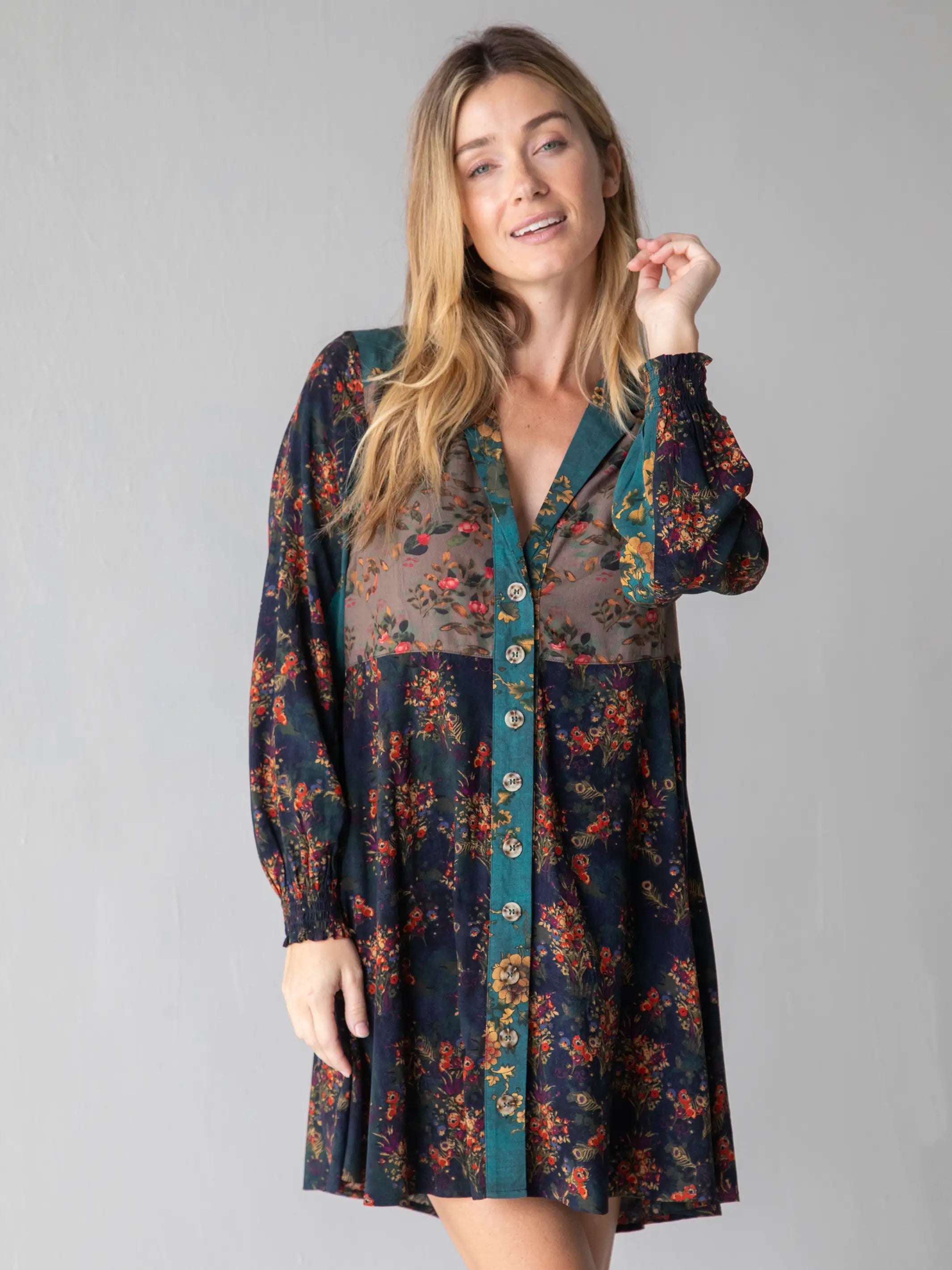 Last Chance Ansley Woven Tunic Shirt Dress - Grey Navy Teal Mix Floral