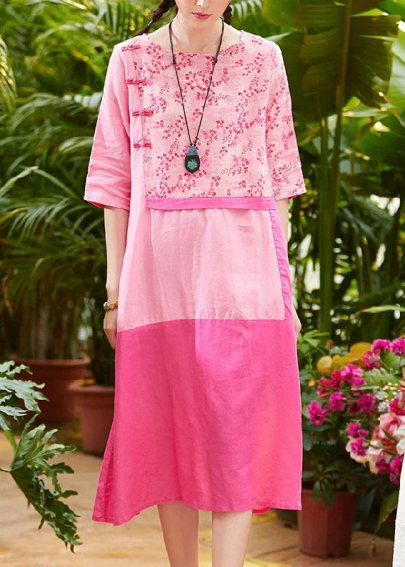 Huge Discounts Chic o neck patchwork linen dresses pattern pink print Dresses summer Huge Discounts Chic o neck patchwork linen dresses pattern pink print Dresses summer