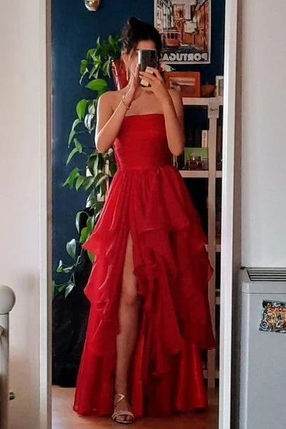 Exclusive Preview A-Line Strapless A-Line Tiered Party Prom Dress With Slit