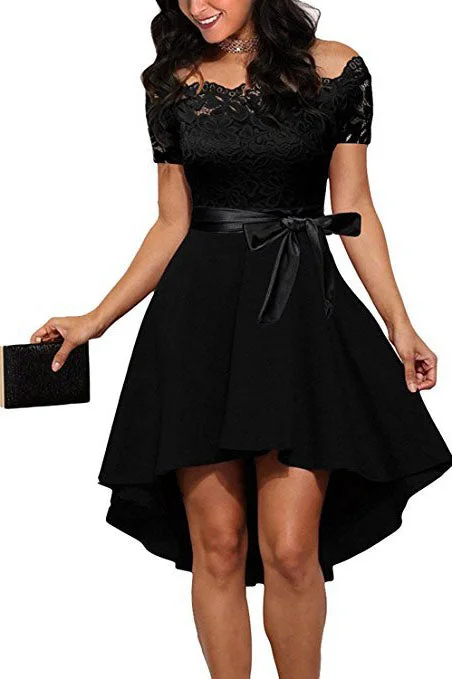 Sale Event Off the Shoulder Ribbon Hi-Low Black Party Dress with Lace