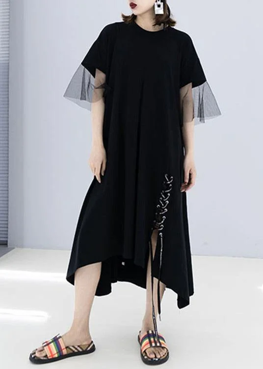 Anniversary Sale French black cotton Wardrobes side open drawstring cotton robes summer Dresses