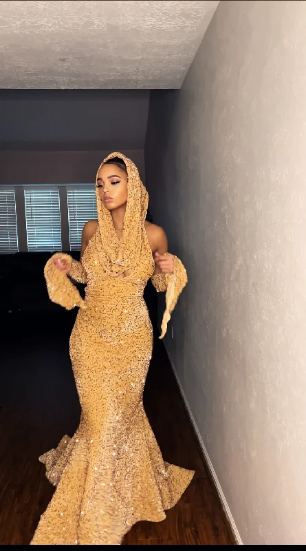 Bonus Savings Shiny Gold Halter Mermaid Sequins Long Prom Dress, DP2178