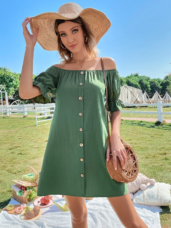 Markdowns KittenAlarm - Off Shoulder Button Up Dress