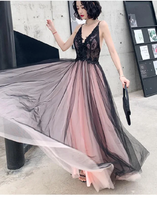 Weekend Flash Sale Pink Tulle V-Neck Applique Long Party Dress Evening Gown, DP2080 Weekend Flash Sale Pink Tulle V-Neck Applique Long Party Dress Evening Gown, DP2080