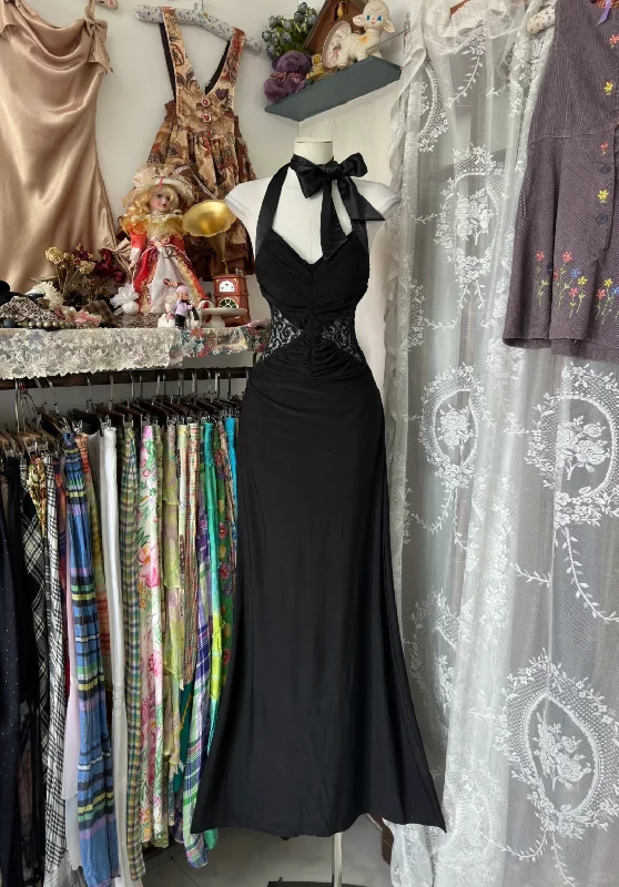 Today Only Black Halter Neck Lace Mermaid Vintage Long Formal Party Dress, DP4462