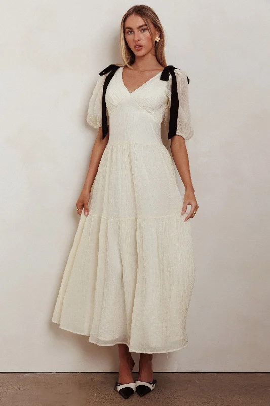 Mega Sale Sinta Bow Shoulder Puff Sleeve Maxi Dress Cream