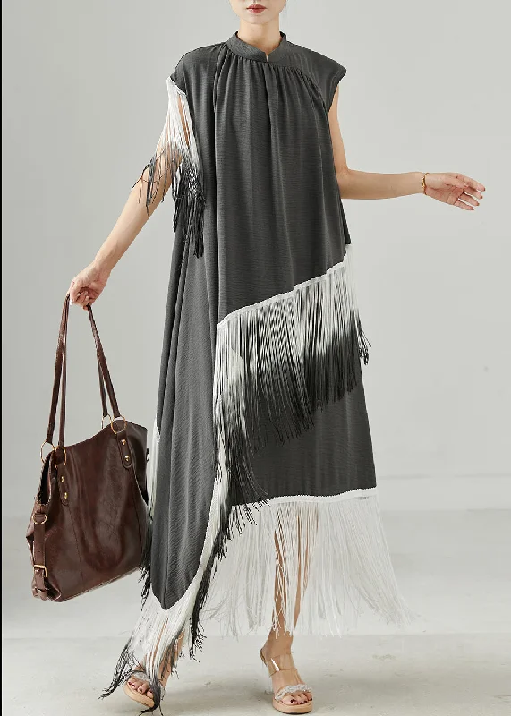 The Best Prices Boho Grey Tasseled Patchwork Asymmetrical Design Robe Dresses