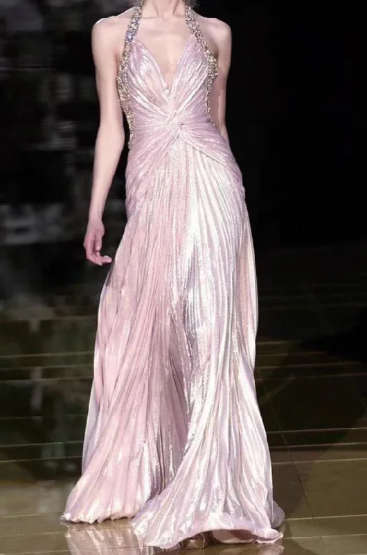 Online Only Pink Halter Beading A-Line Formal Party Dress, DP2048