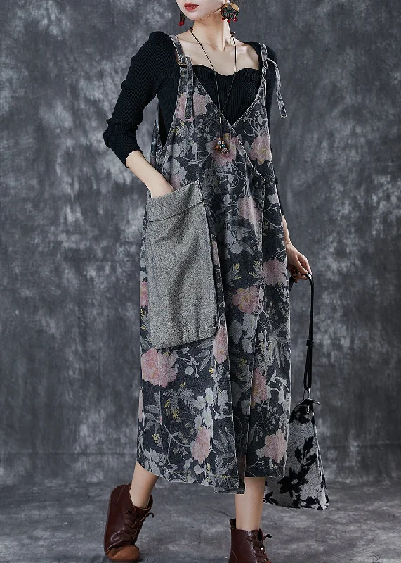 Epic Deals Vintage Black Print Patchwork Pocket Denim Cami Dress Spring