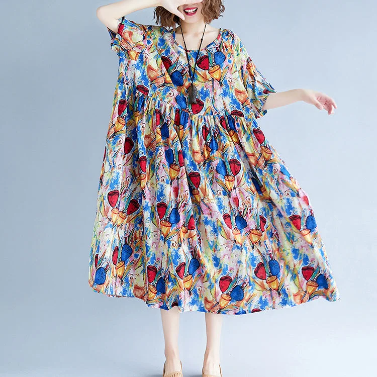 Limited Quantity Elegant blue cotton linen dresses trendy plus size short sleeve baggy dresses print New o neck cotton linen clothing dresses Limited Quantity Elegant blue cotton linen dresses trendy plus size short sleeve baggy dresses print New o neck cotton linen clothing dresses