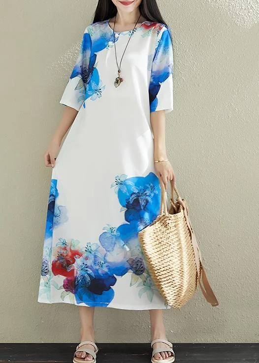 Price Cut DIY white prints silk dresses stand collar long summer Dress
