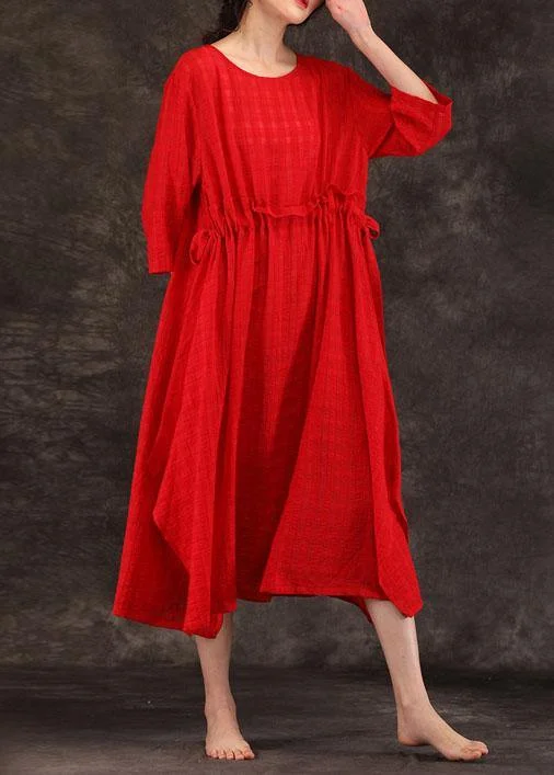 Exclusive Savings Bohemian red linen clothes For Women o neck drawstring Art summer Dress Exclusive Savings Bohemian red linen clothes For Women o neck drawstring Art summer Dress