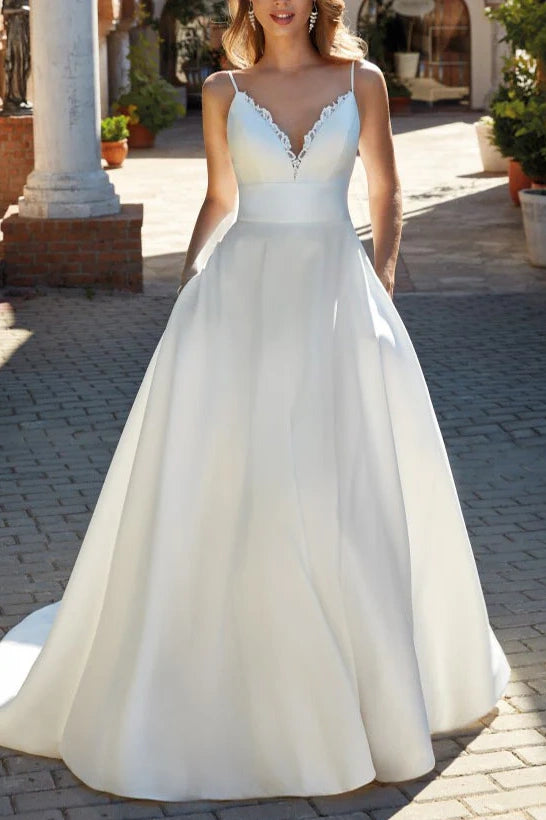 New Markdowns V-Neck Sleeveless Open Back Satin Wedding Dress